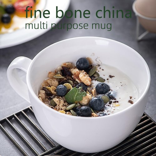 Chulan Extra Large White Bone China Cereal Mugs, 22 oz Ceramic Coffee Mug Set of 6, Latte Mugs Mocha Tea Cup, Jumbo Porcelain Soup Mugs with Big Handle for Desserts Snack, Microwave ＆ Dishwasher Safe