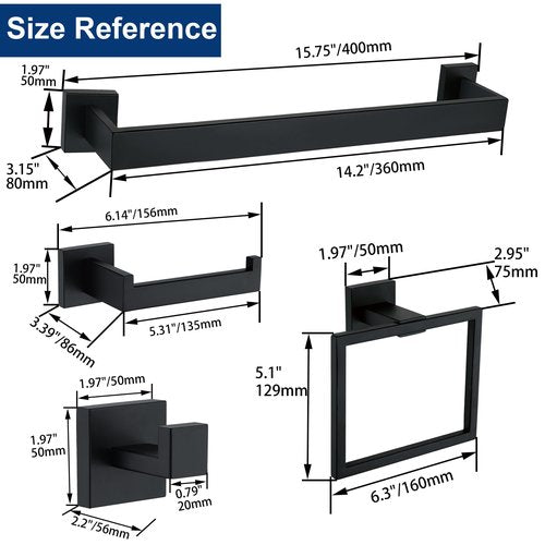 5 Pieces Bathroom Hardware Accessories Set Matte Black, 16Inch Square Towel Racks Set for Bathroom, SUS304 Stainless Steel Towel Bar Set, Bath Accessories Sets Wall Mounted