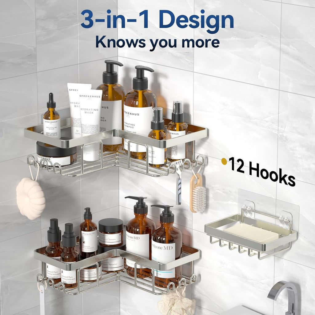 YASONIC Corner Shower Caddy - 3-Pack Adhesive Organizer with Soap Holder & 12 Hooks | Rustproof Stainless Steel, Nickel