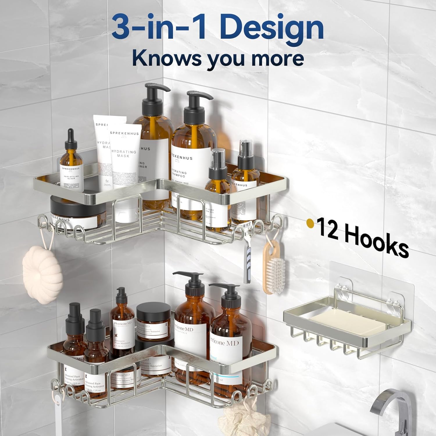 YASONIC Corner Shower Caddy - 3-Pack Adhesive Organizer with Soap Holder & 12 Hooks | Rustproof Stainless Steel, Nickel