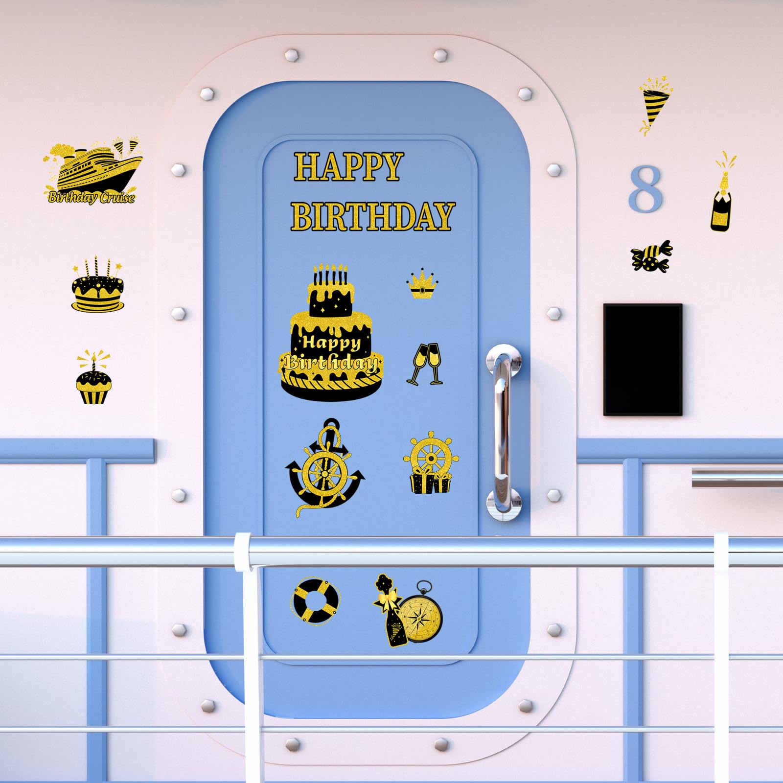 JarThenaAMCS Birthday Cruise Door Magnets Decoration Black Gold Happy Birthday Cruise Ship Magnetic Stickers for Cabin Ship Car Refrigerator Carnival Party Supplies, 16Pcs