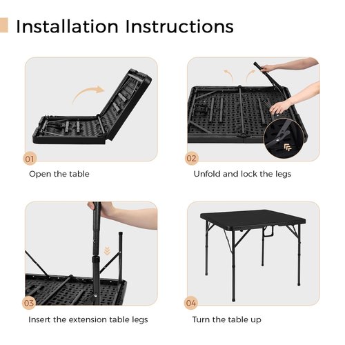 pollilar 34" Folding Card Table Square Foldable Table Plastic Portable with Detachable Legs, Dual Height Adjustable, Heavy-Duty Indoor Outdoor Dining, Game, Picnic, Mahjong Tables-Black