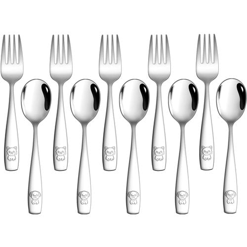 LIANYU 10 Pieces Toddler Silverware, Stainless Steel Kids Silverware Set, Metal Kid Utensils with Small Forks and Spoons, Child and Toddler Safe Flatware with Cute Pattern, Dishwasher Safe
