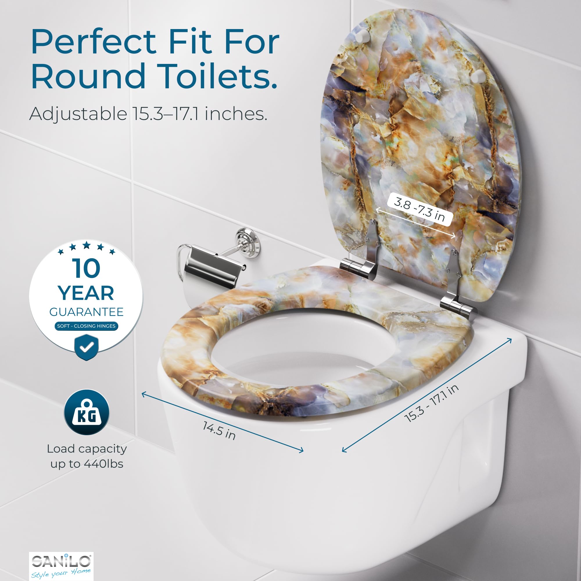 SANILO Wooden Toilet Seat with Soft Close [ROUND] - Decorative, Quiet & Slow Close Molded Wood Seat - With Strong Bumpers & Hinges - Adjustable Fit – Marble Brown