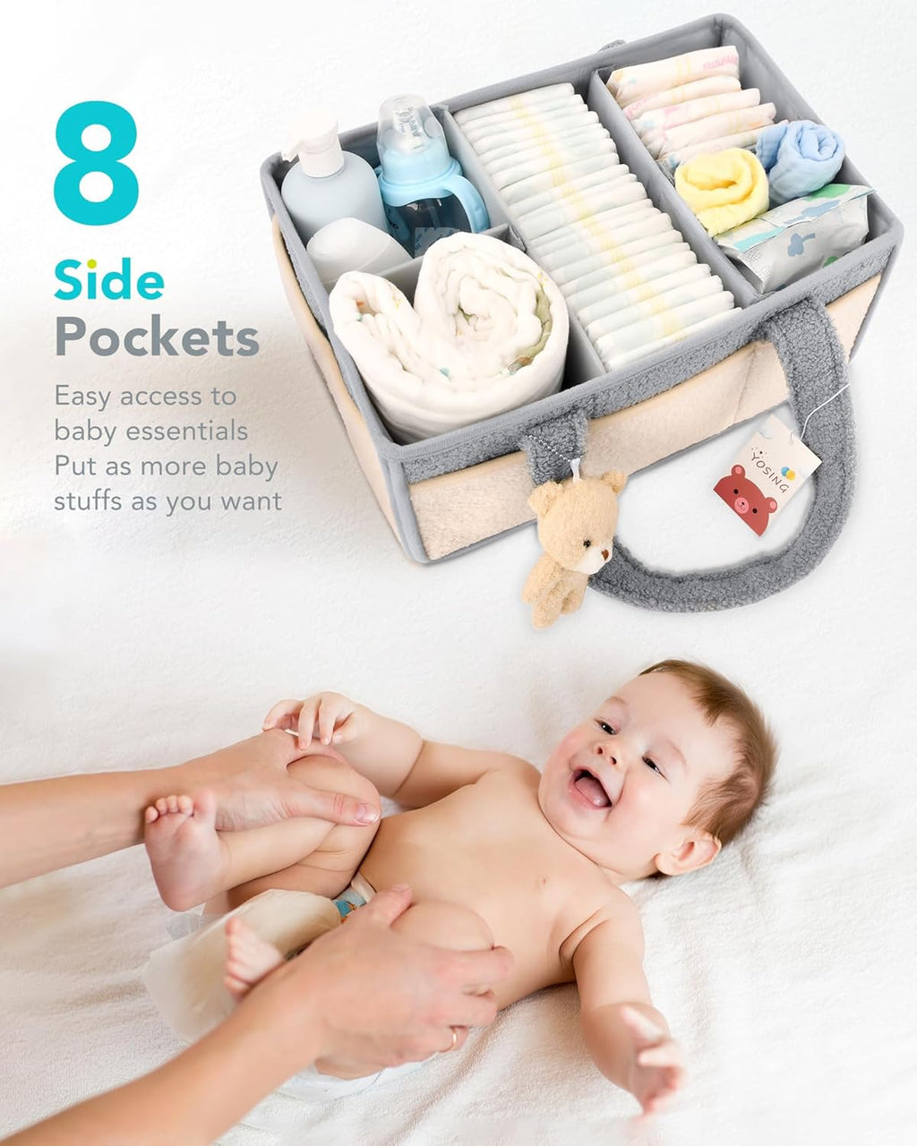 YOSING Diaper Caddy Organizer - Versatile Nursery Storage & Car Travel Solution | Gray & White