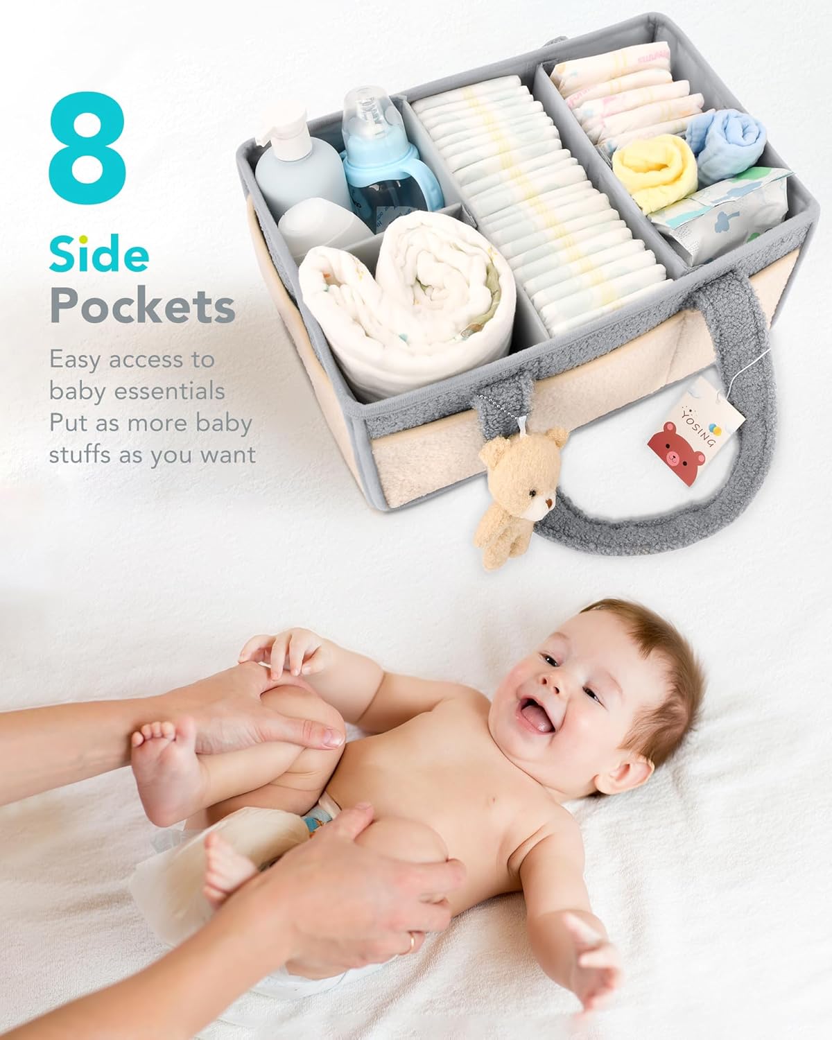 YOSING Diaper Caddy Organizer - Versatile Nursery Storage & Car Travel Solution | Gray & White