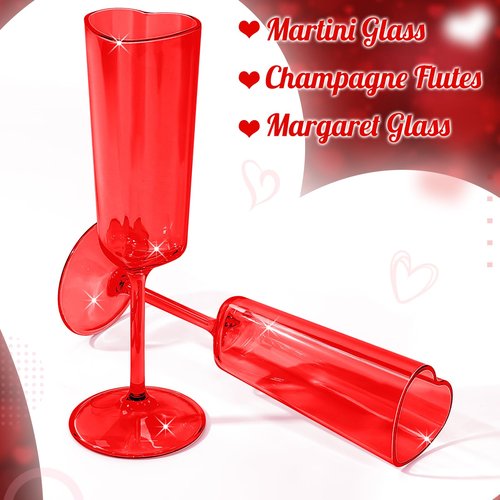 Teenyyou 6 Pcs Valentine's Day Red Champagne Flutes 6 oz Heart Shaped Acrylic Champagne Flutes Valentine's Day Party Wine Cups Red Goblets Glasses for Wedding Anniversary New Year Party Supply