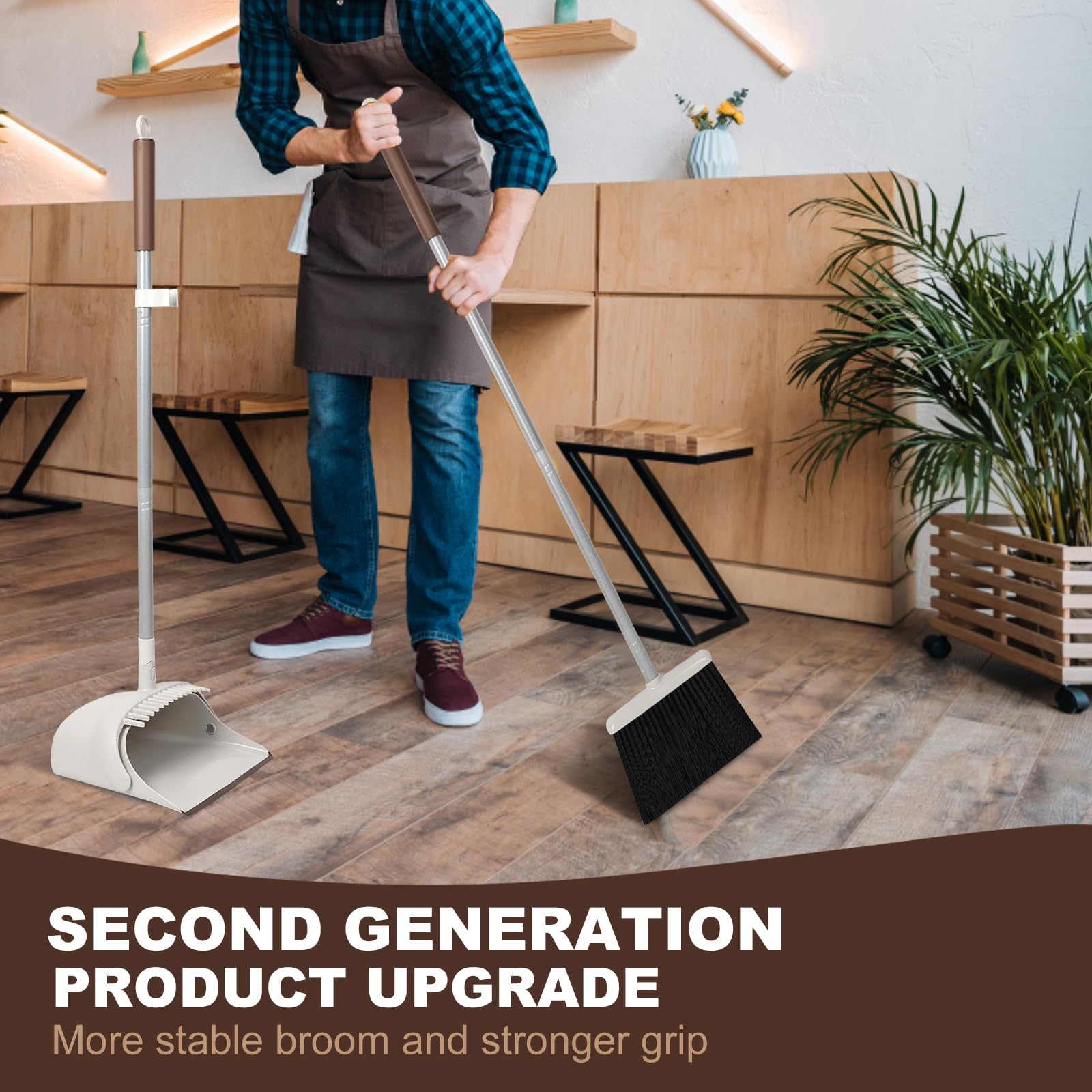 Jekayla 54" Long Handled Broom and Dustpan Set - Perfect Dust Pan and Brush Combo for Efficient Cleaning, Brown and White