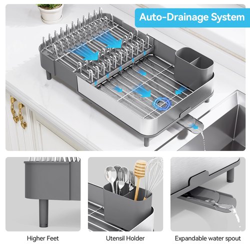 Urackify Dish Drying Rack, 304 Stainless Steel Dish Drainer with Removable Utensil Holder & Drain Board, Rustproof Space-Saving Dish Rack for Kitchen Countertop, Grey