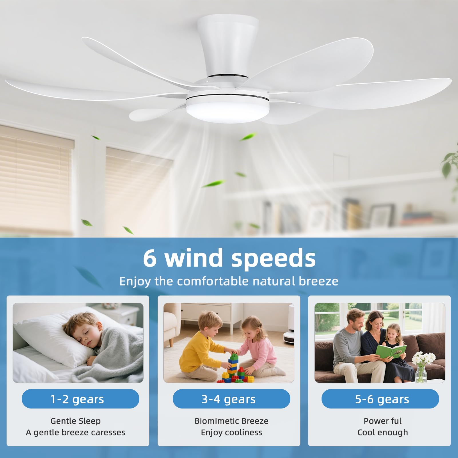 RIENAZA 42" Ceiling Fans with Lights-Low Profile Ceiling Fan with Light and Remote Control,Flush Mount,DC Reversible,LED Dimmable Modern Ceiling Fans for Bedroom,Indoor/Outdoor Patio Use(White)
