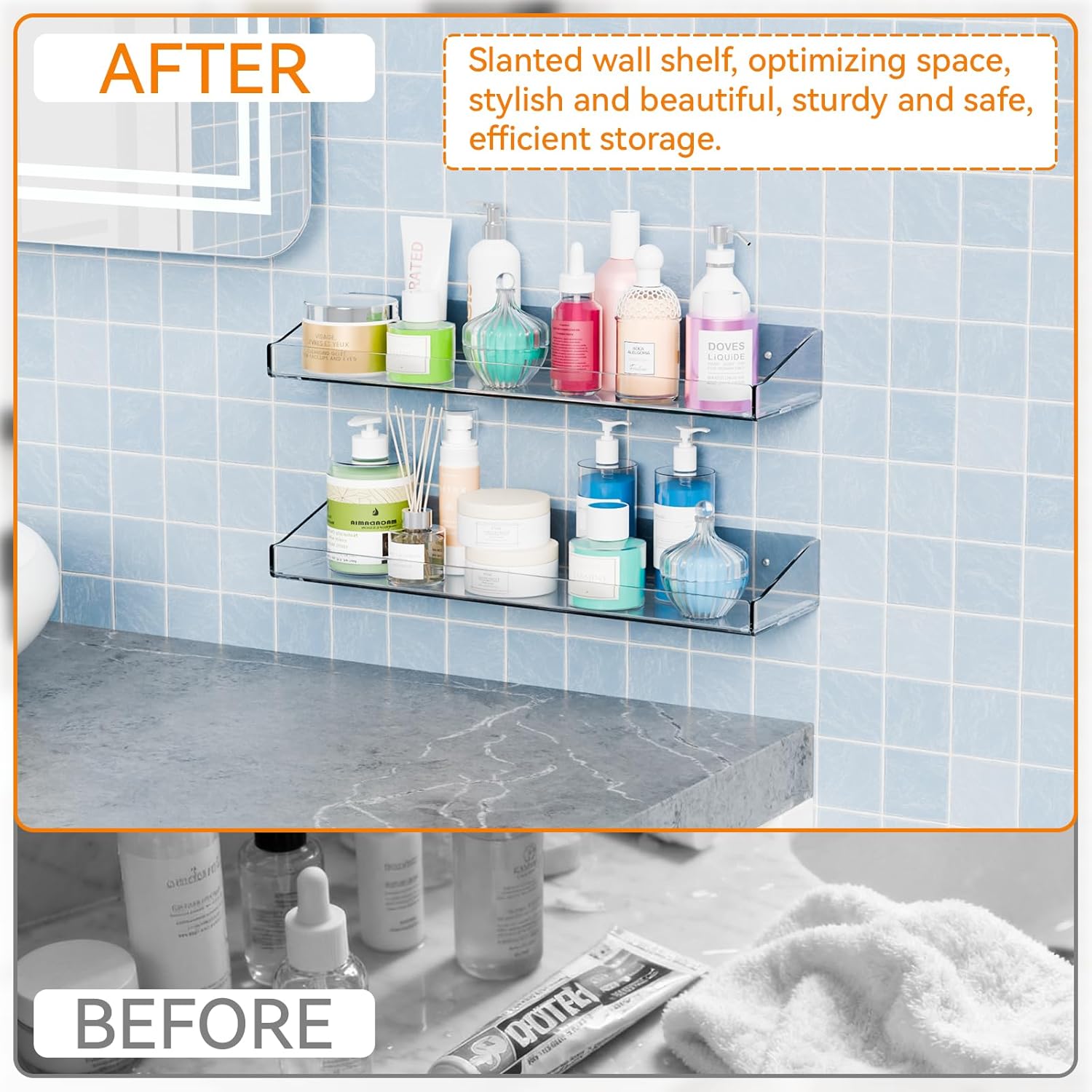 Yieach 4-Pack Adhesive Clear Shower Shelves - No Drill Acrylic Wall Caddy for Makeup & Shampoo Storage