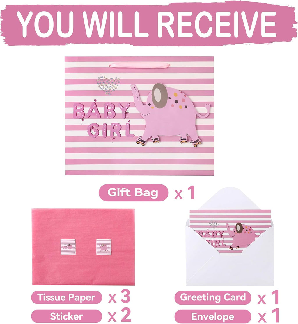 Wishinside 13" Large Pink Gift Bag Set - 3D Elephant Design with Greeting Card & Tissue Paper | Perfect for Baby Showers & Kids' Birthdays