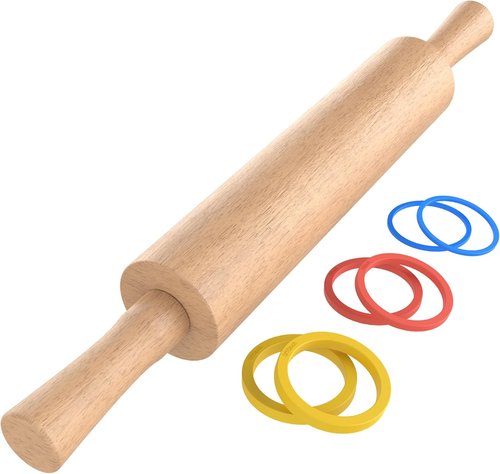 Classic Wooden Rolling Pin - Beechwood Baking Tool with Handle & 3 Multi-Color Thickness Rings | 17"x2.5"