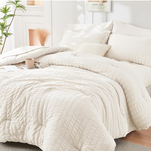 HYMOKEGE Ivory Queen Comforter Set - 7-Piece All-Season Luxury Bedding Set with Sheets & Pillowcases