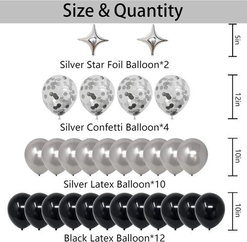 30th Birthday Party Decorations | Black & Silver Theme with Banner, Balloons & Foil Stars