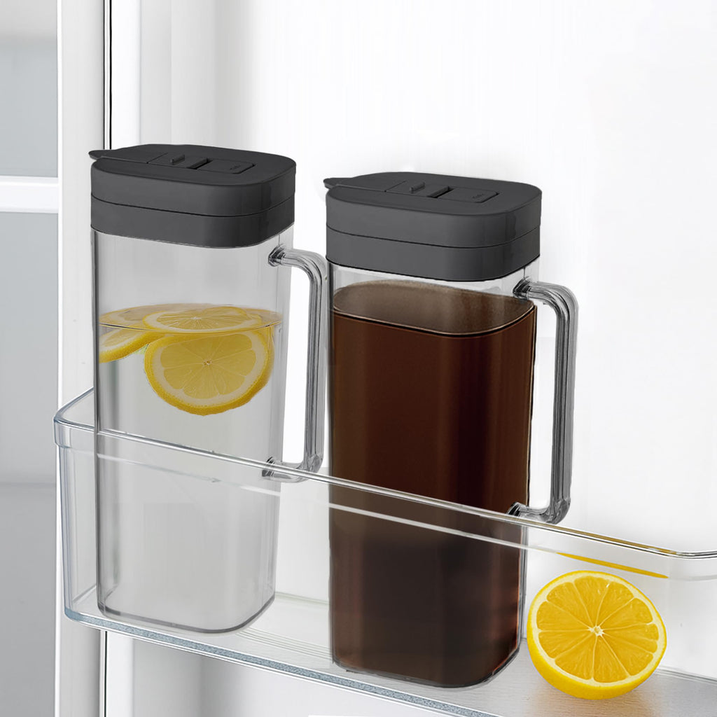 [2-PACK] SlimFit 2 Quart (2 Liter) pitcher with lid - Water jug for fridge door - Leakproof 64oz plastic pitcher with lid - Drink Container for Juice, Iced Tea, Coffee, BPA-Free Plastic, Black