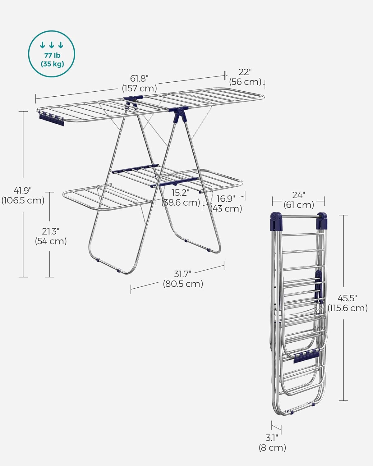 SONGMICS Foldable Clothes Drying Rack - 2-Level Laundry Airer with Adjustable Wings & 33 Rails | Silver and Blue