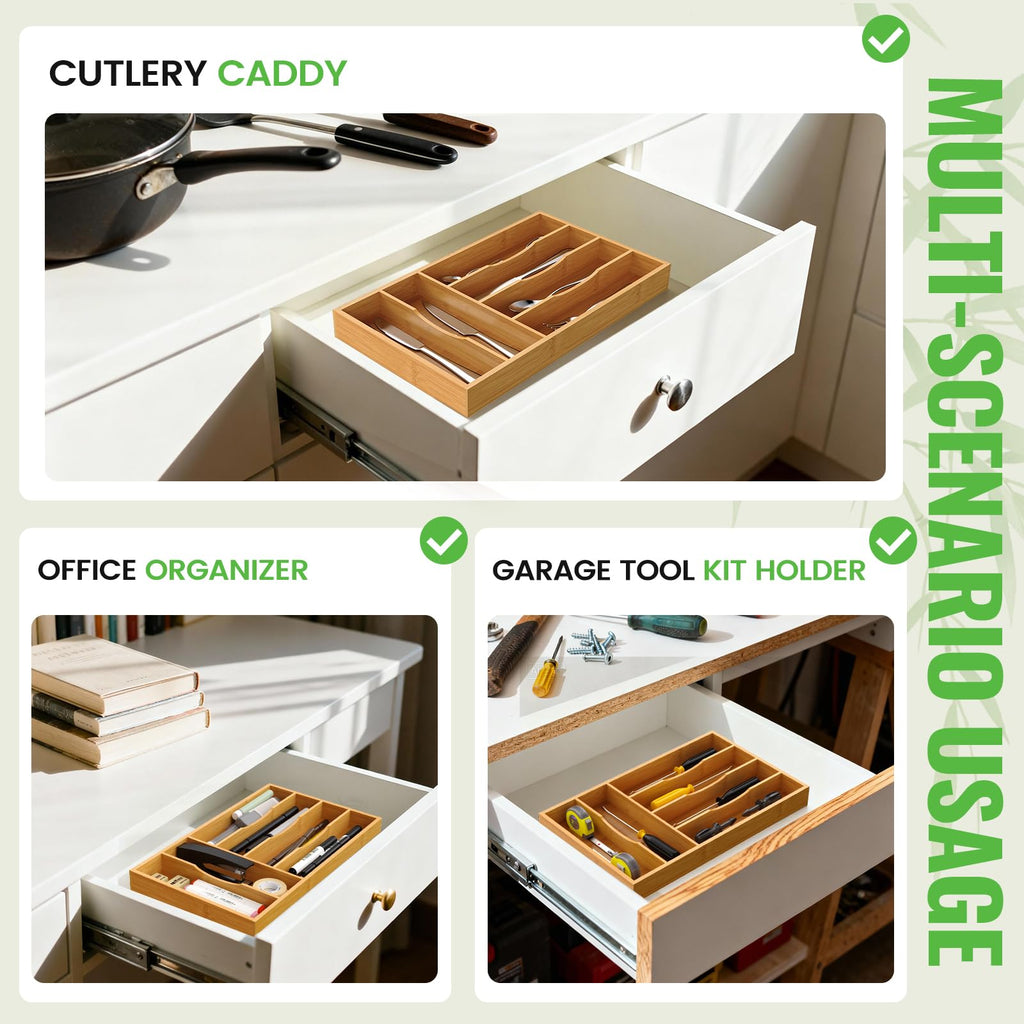 Bayting Bamboo Silverware Organizer, Bamboo Kitchen Drawer Cutlery Organizer, Utensil Holder, Flatware Organizer Tray (15.8"x9.5"x1.6")