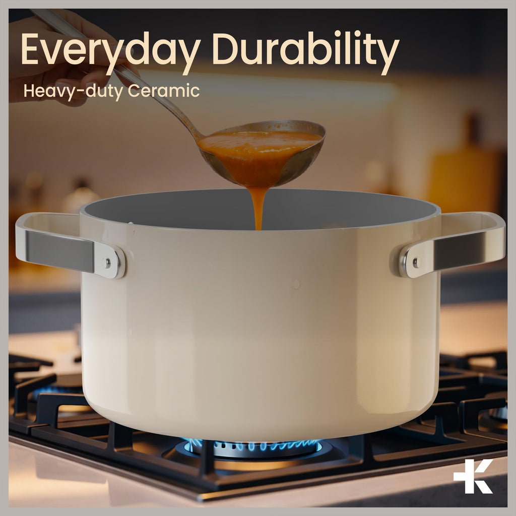 Bakken 16 Quart Ceramic Coated Stock Pot with Lid, Easy Clean Nonstick Pot, Tempered Glass Lid, Riveted Stainless Steel Handles, Oven Safe Up To 500°F, PTFE & PFAS Free, All Stove Compatible, Cream