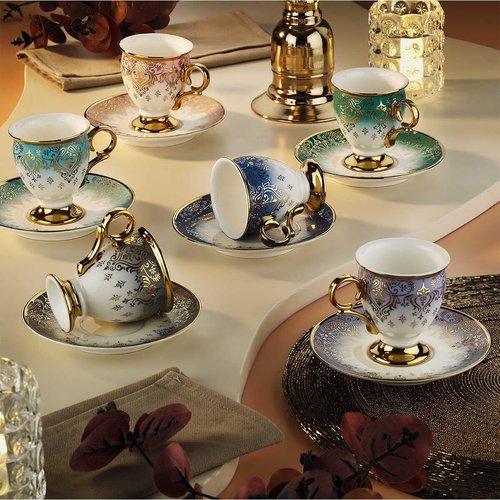 derya home Gonca Porcelain Espresso Cup Set, Turkish Coffee Cup Set of 6, Cups and Saucers (3 Oz) Gold Patterned Cups