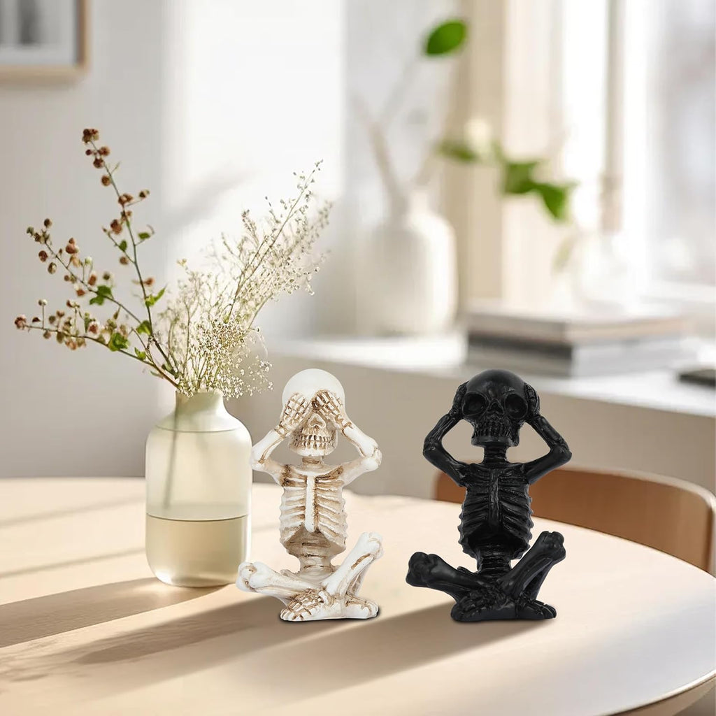 Skiennix Yoga Skeleton Figurine - Gothic Home Decor Accent Statue Set of 3 | Antique Silver Finish