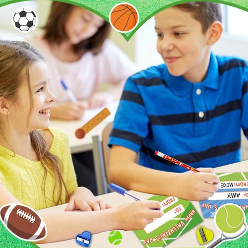 PaLeyFer 30 Pack-210+ Piece Sports Stationery Gift Set, Valentines Day Gifts Cards for Kids Classroom Exchange Prize, Valentine's Sports Party Favors with Cards Cups Pencils Rulers Stickers Erasers