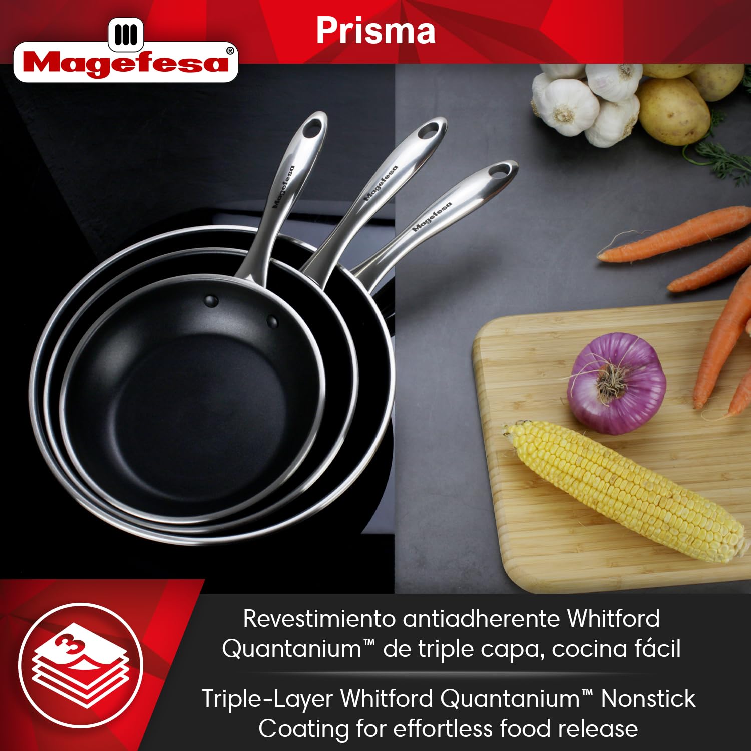 Magefesa Prisma Frying Pan Set, 7.9" & 11", 18/10 Stainless Steel, Triple-Layer Nonstick, Works on All Stovetops Including Induction, Oven Safe to 392°F, Dishwasher Safe, Durable Cooking Skillets