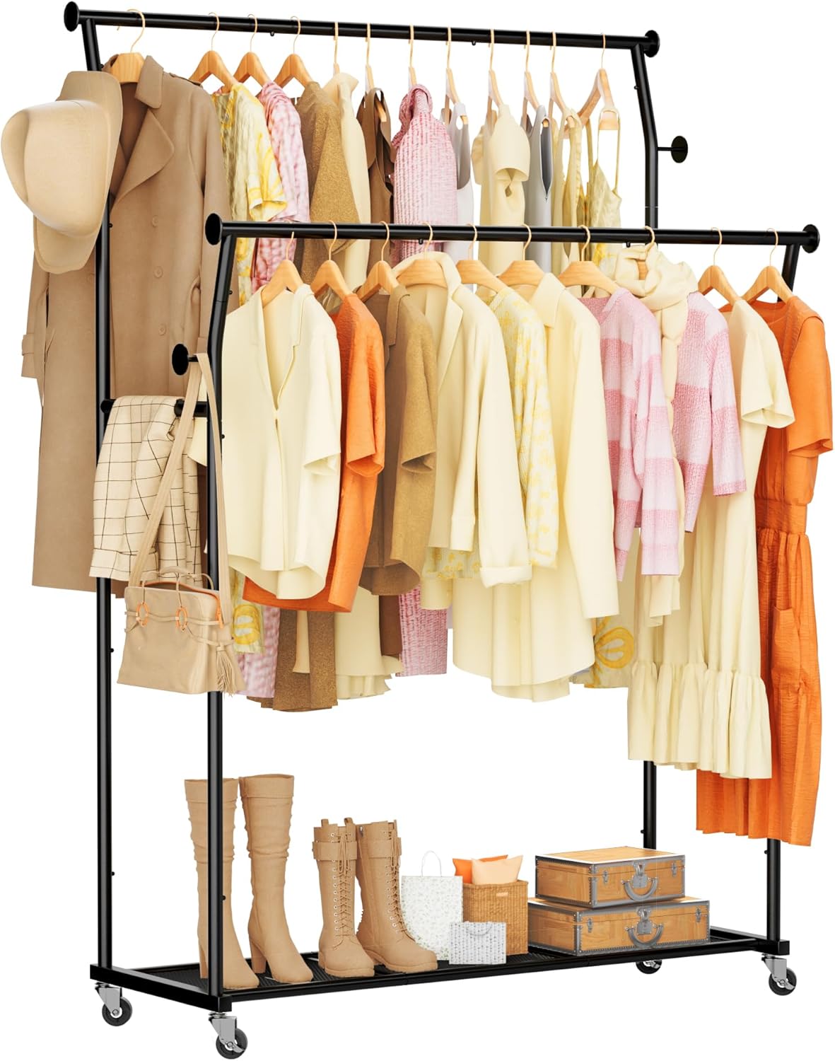 Skiennix Double Rods Clothes Rack - Portable Rolling Garment Rack with Hooks & Mesh Shelf | Black