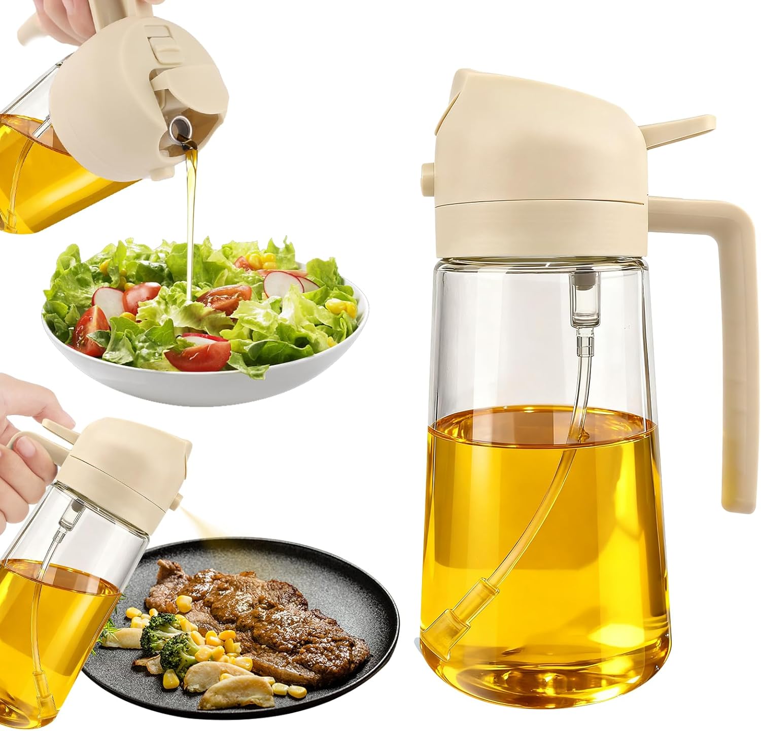 Skiennix Glass Olive Oil Sprayer - 2-in-1 Cooking Oil Dispenser Bottle | 16oz/470ml, White