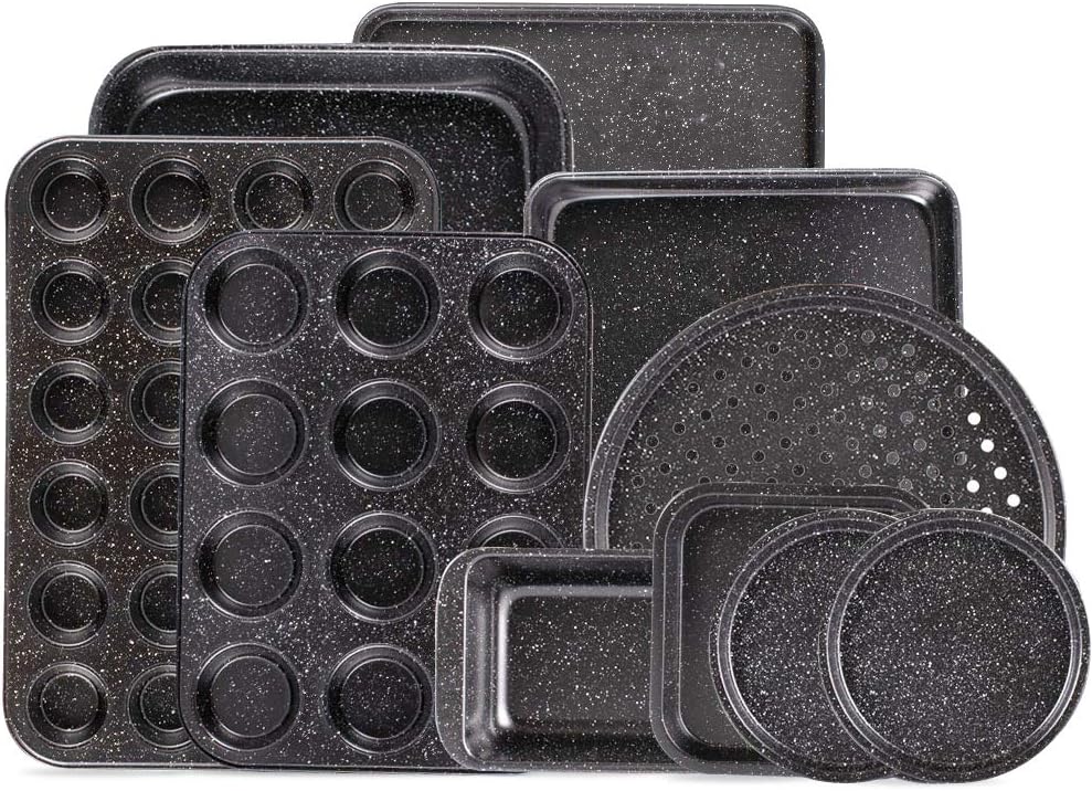 Skiennix 10-Piece Nonstick Baking Set - Versatile Bakeware with Baking Pan, Cookie Sheet, and Pizza Pan | Ceramic Coated Black