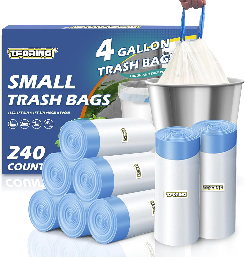 Skiennix 240 Count Drawstring Trash Bags - 4 Gallon Unscented White Garbage Liners for Home & Office