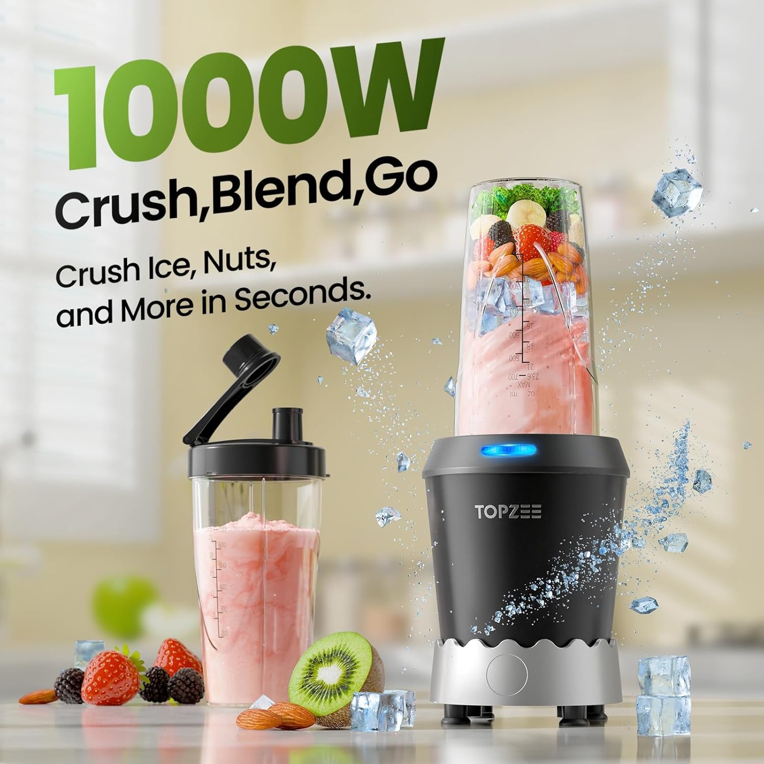 TOPZEE Personal Smoothie Blender - 1000W Single-Serve with 24oz To-Go Cup | Ideal for Protein Shakes & Smoothies, Black