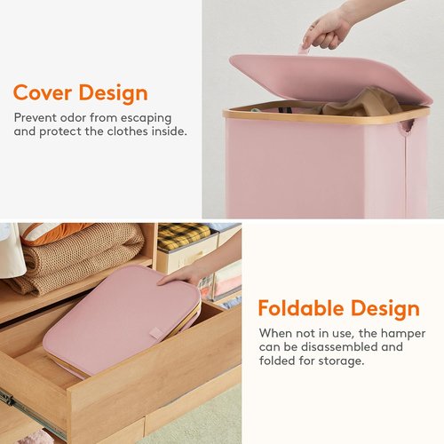 Lifewit 100L Laundry Basket - Foldable Hamper with Lid & Bamboo Handles | Pink, Removable Bag Included