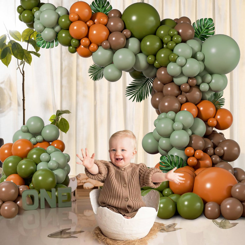 141pcs Dinosaur Balloon Garland Arch Kit, Brown Orange Sage Green Latxe Balloons for Jungle Safari Dinosaur Baby Shower Birthday Party Decorations