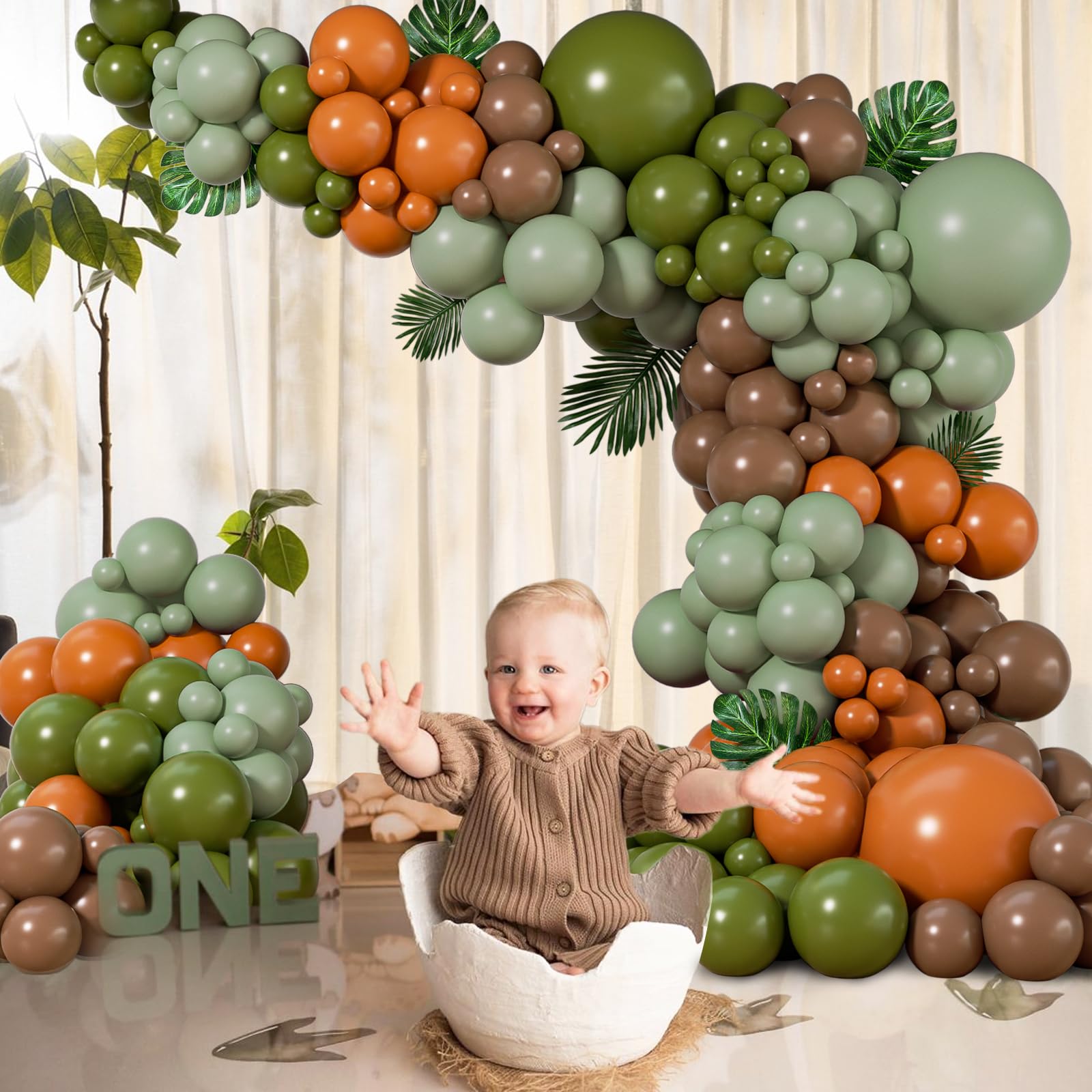 141pcs Dinosaur Balloon Garland Arch Kit, Brown Orange Sage Green Latxe Balloons for Jungle Safari Dinosaur Baby Shower Birthday Party Decorations