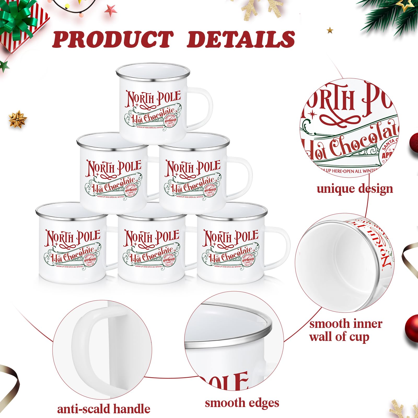 Yaomiao 20 Pcs Christmas Coffee Mugs North Pole Hot Cocoa Chocolate Mugs Santa Xmas Enamel Cup with Handle for Holiday Gift Family Employee Christmas Party Vacation Cup (Stainless Steel,Enamel)