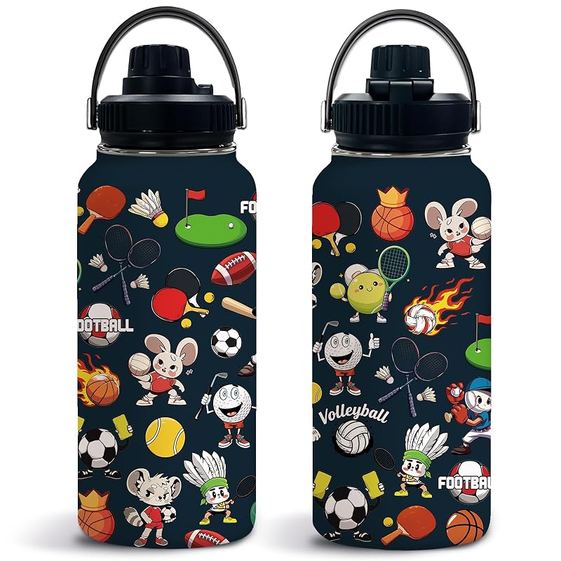 Ball-Shaped 32oz Insulated Water Bottle, Leak-Proof Stainless Steel, Soccer/Football Style