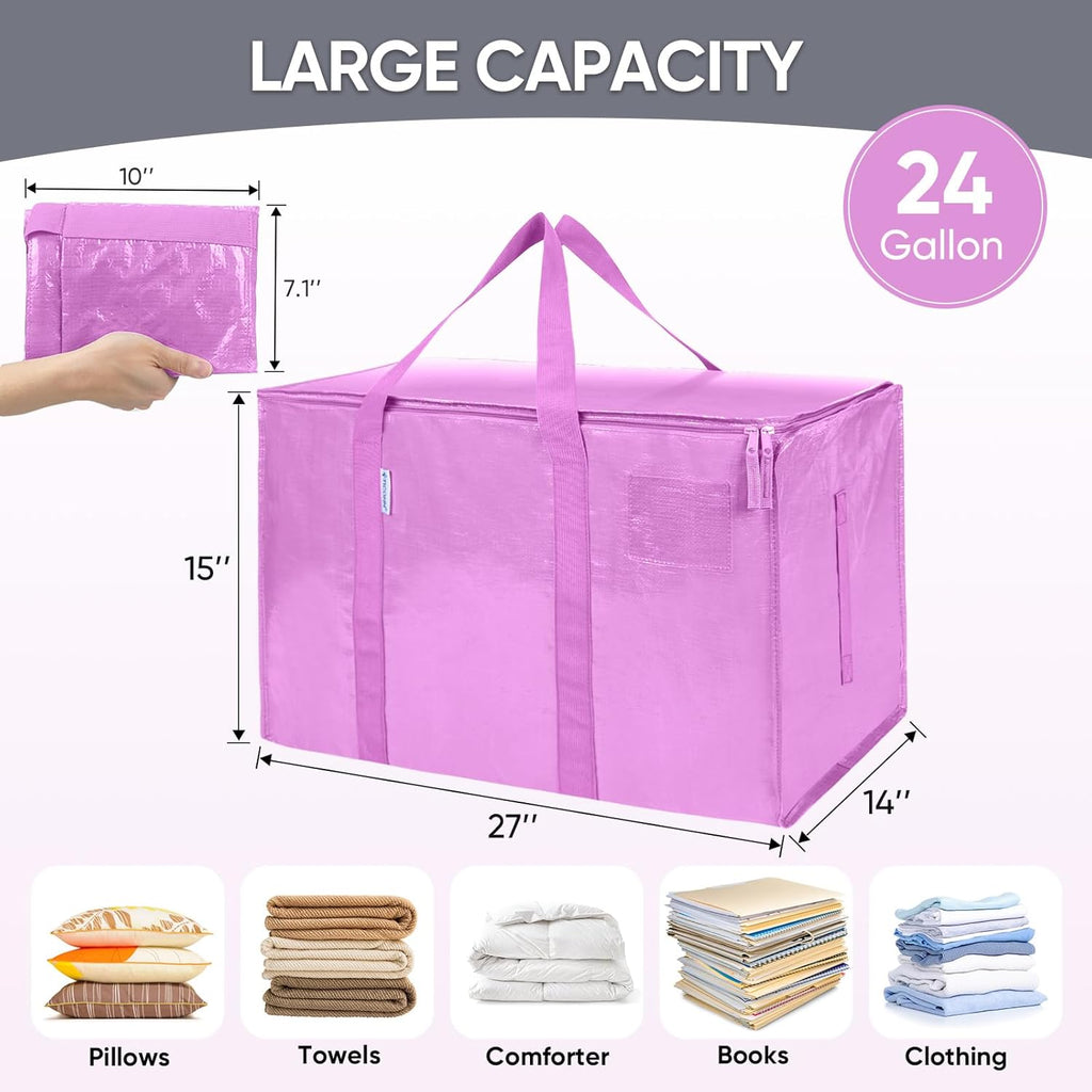 TICONN Extra Large Heavy-Duty Moving Bags - Durable Storage with Zippers & Handles | 2 Pack, Pink