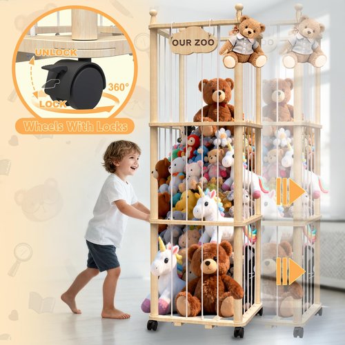 YACONA Stuffed Animal Storage, Wooden Stuffed Animal Holder with Brake Wheels, Toy Plushies Storage with Elastic Bands, Extra Large Toy Organizer & Display Cage for Nursery, Bedroom, Playroom