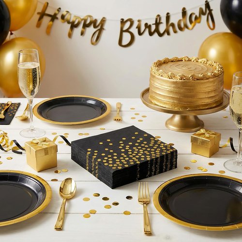 Black and Gold Paper Napkins,100Pcs 6.5 Inch Gold Polka Dots Napkins Disposable Cocktail Napkins for Party Wedding Birthday Bar Holiday Valentines Easter Graduation Decorations