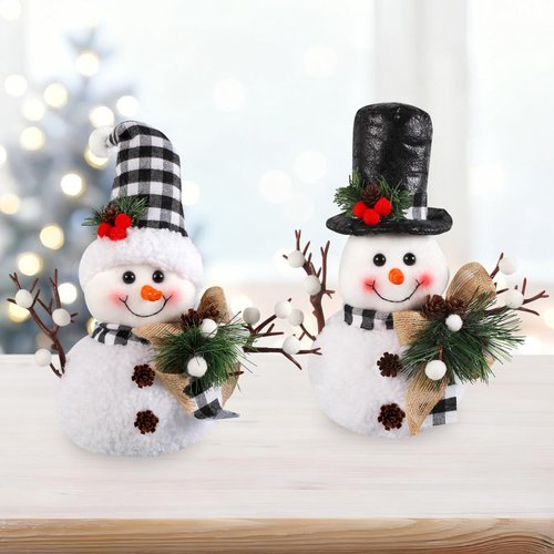 Black and White Plaid Snowman Decor (2-Piece Set) - Winter Christmas Plush Dolls for Tiered Tray, Mantel, or Tabletop Display, Indoor Home Decor