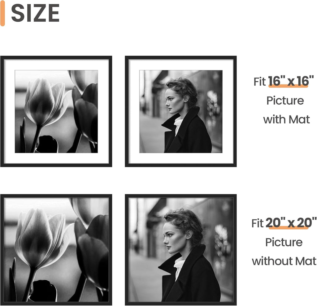 Upsimples 20x20 Picture Frame - Versatile Wall Hanging for 16x16 Photos with Mat, Black, 1 Pack