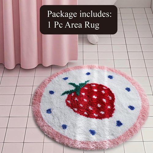 6 Funpop Fluffy Rug, 27 in Tufted Round Strawberry Area Rug for Bedroom; Non - Slip Bath Mat for Bathroom; Soft Cute Carpet for Living Room, for Girls' Room, for Kitchen, Machine - Washable