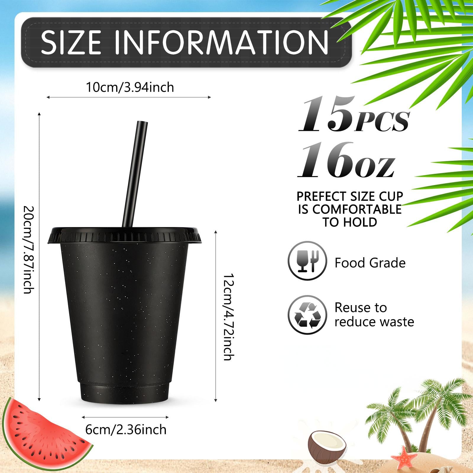 Rtteri 15 Pcs Reusable Cups with Straws and Lids 16 oz Glitter Tumblers Plastic Party Favor Cups with Lids Travel Mug Tumbler for Easter Graduation Party Iced Beverage Water(Black)