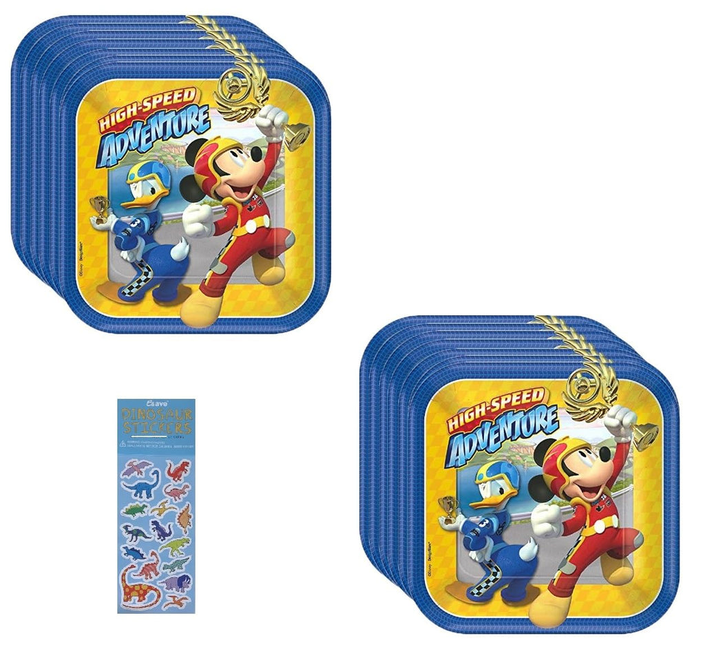 Mickey Mouse Roadster Birthday Party Supplies Bundle includes 16 Dessert Cake Paper Plates and 1 Dinosaur Sticker Sheet