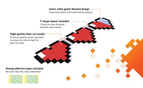 Kubik Letters Game Room Decor – Cool Gaming Stuff, Gamer Gifts for Boys & Men, Retro Wall Sign with Adhesive Tapes, Inspired by Classic Pixel 8-Bit and Block-Building Video Games – 2.5 Hearts