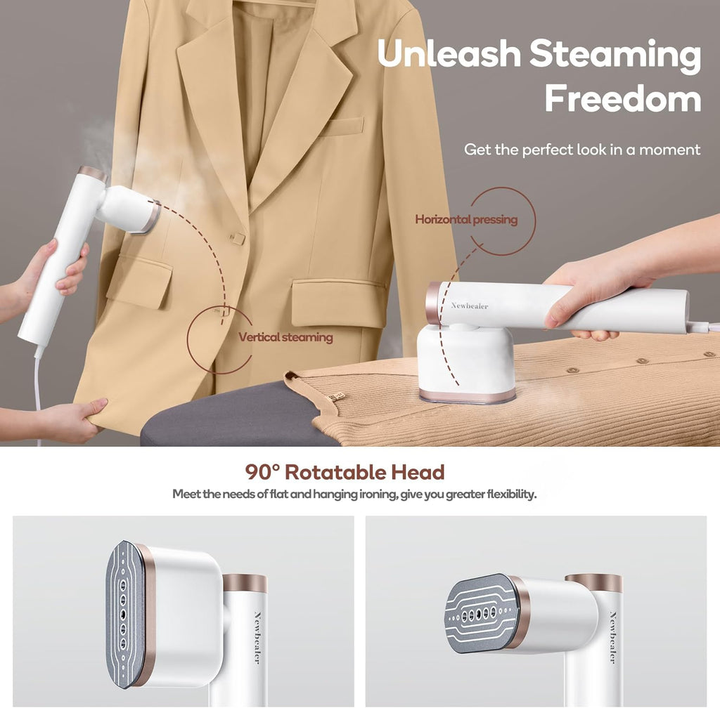 Newbealer Portable Clothes Steamer - 1200W Fast Heat-Up, 2 Steam Levels, Vertical & Horizontal Use, 302°F Wrinkle Remover