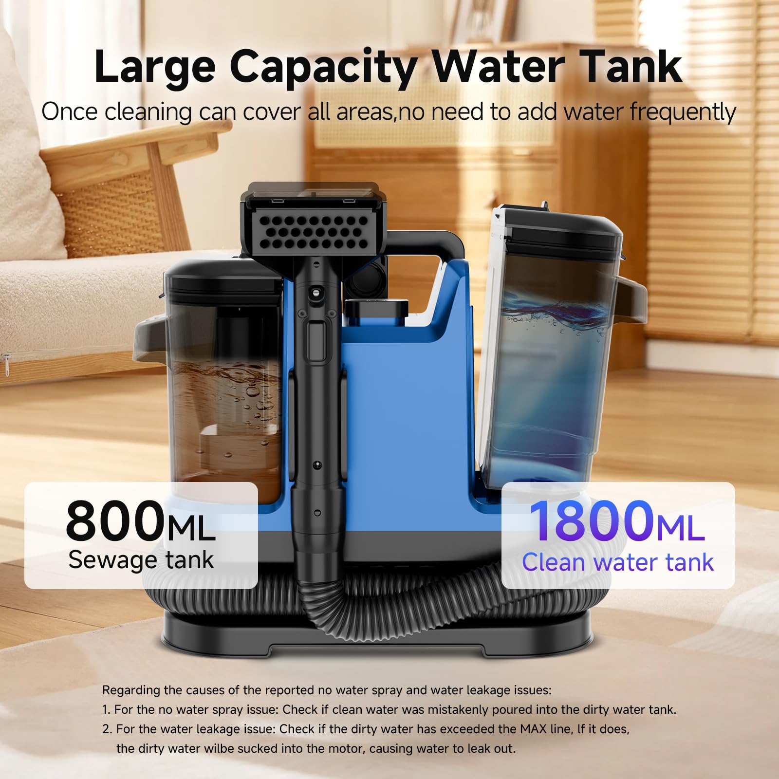 Vaconly Portable Carpet & Upholstery Cleaner Machine, Handheld Spot Cleaner with Dual Brush, 18KPa Suction, Large Removable Tank for Couch, Car, Stairs, Rugs & Pet Stains, Blue