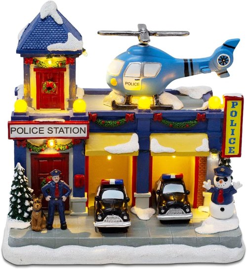 Innodept12 Christmas Animated Train Station Décor - Lighted Building with Clock, Music & Moving Train - Festive Indoor Display