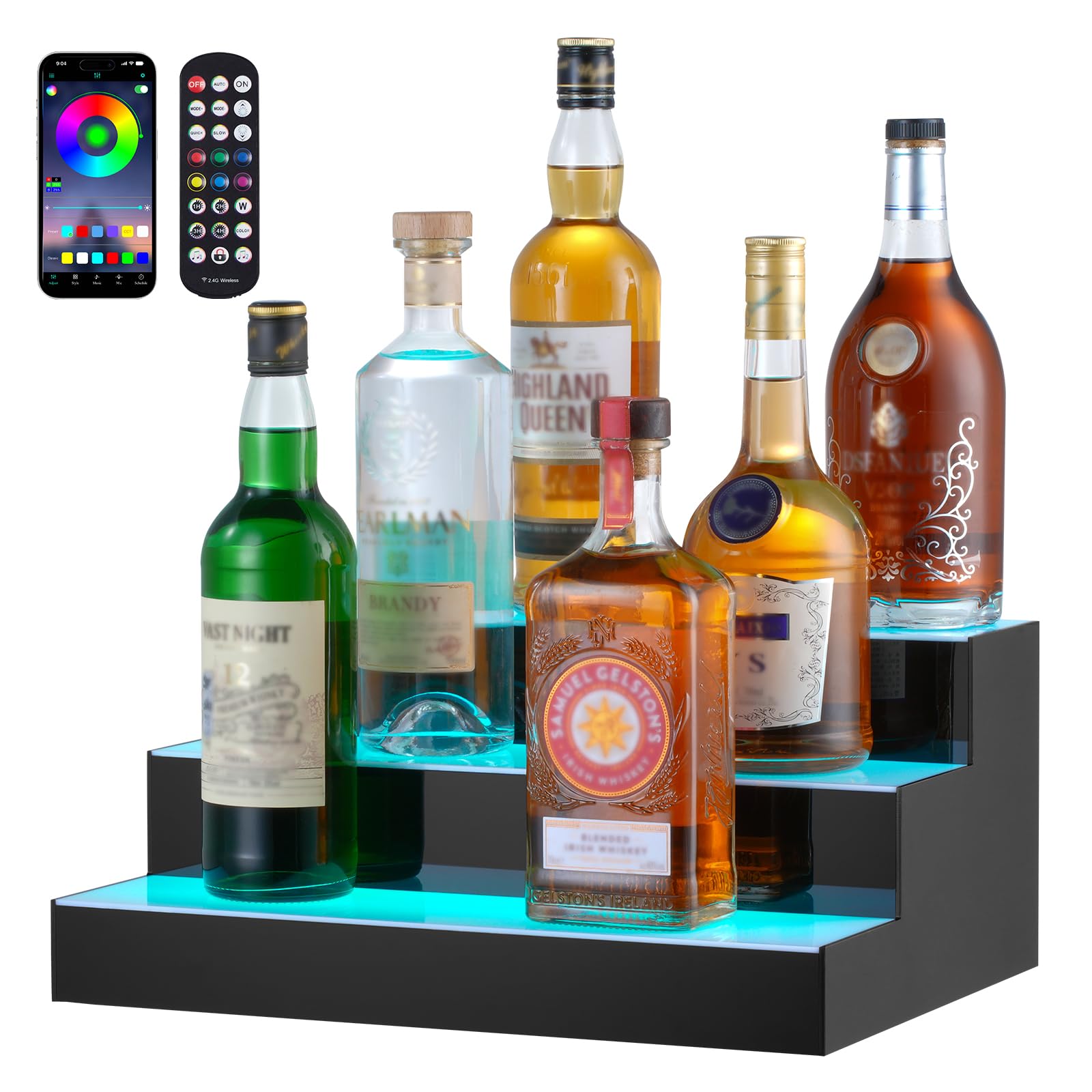 VEVOR LED Lighted Liquor Bottle Display, 3 Tiers 16 Inch Commercial Illuminated Home Bar Shelf, 3 Steps Whiskey Rack Stand, Acrylic Drink Shelves with RF Remote & App Control, and Multicolor Light